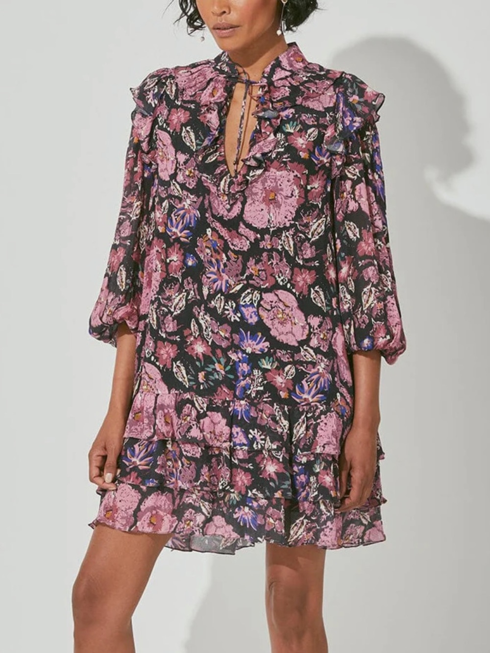 Cleobella Samaya Black Pink Jolie Floral Chiffon Ruffle Long Sleeve Mini Dress L